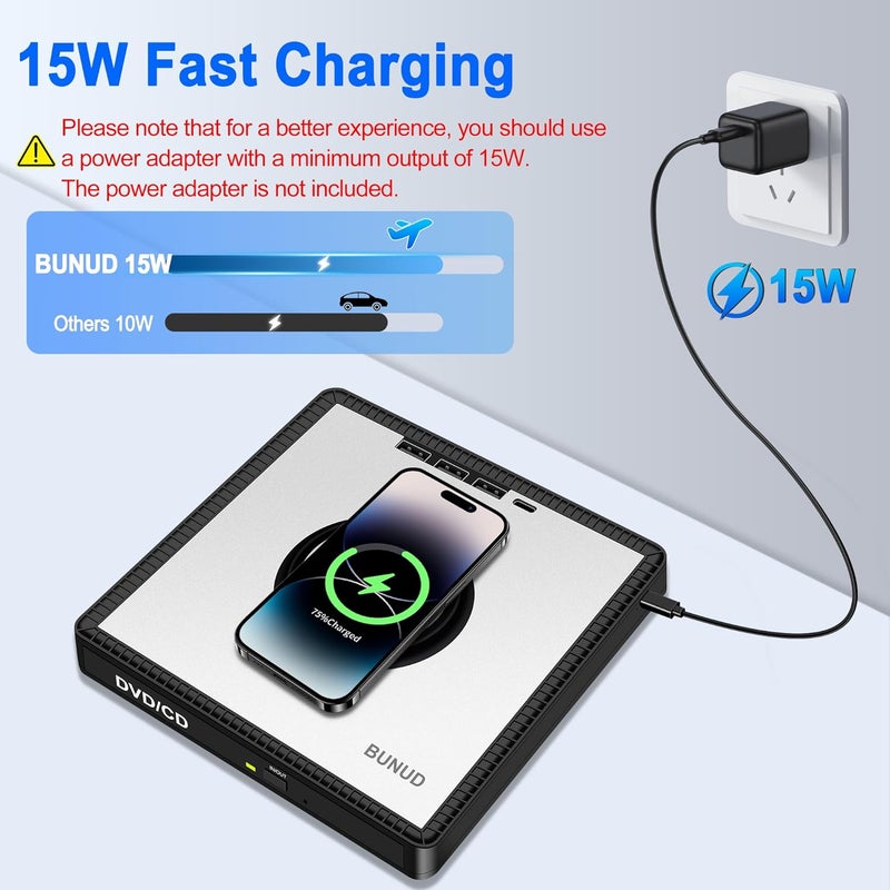 BVNUD External CD DVD Drive: USB DVD Drive External DVD Burner for PC with 3 USB and TF/SD Slots Slim Portable Disc Player Reader for Laptop Mac Windows 11 Apple with 15W Wireless Fast Charging - Image 5